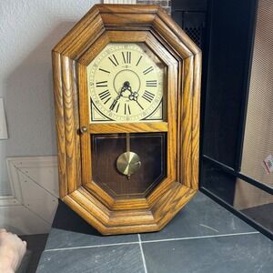 Howard Miller Oak Wall Clock 612-475 Quartz Pendulum Chime Schoolhouse Octagon